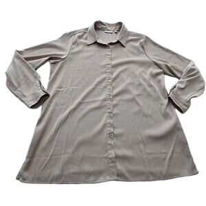 Susan Graver Tan Liquid Knit LS Collared Women's Button Up Shirt Top Tan Large